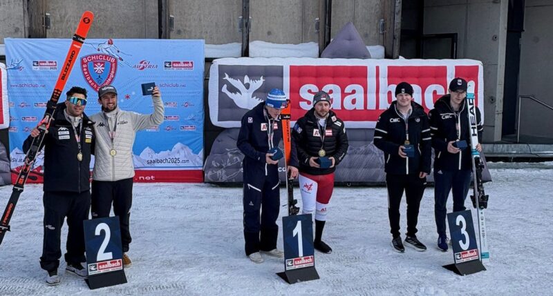 Simpson brothers on the World Cup podium at Saalbach, Austria. Image c/o GB Snowsport.